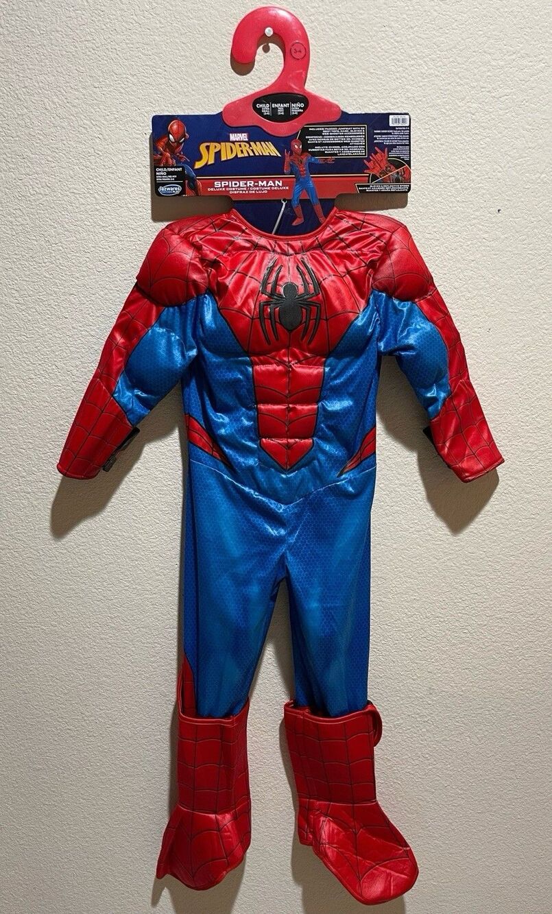 Marvel Spider-Man Deluxe Kid's Muscle Jumpsuit Costume | Extra Small (3-4) | NEW